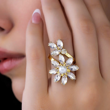 PRAO Ring Golden Anti-Tarnish Crystal Flower (Adjustable Size)