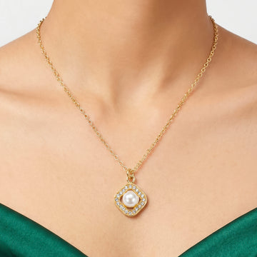 PRAO Necklace Anti-Tarnish Minimalist Square AD And Pearl Studded Pendant