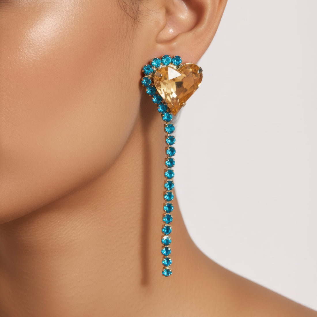 PRAO Anti-Tarnish Rhinestone Chain Earrings with Heart Crystal Dangle