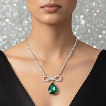 PRAO Necklace Anti-Tarnish Crystal Studded INFINITY Emerald Set