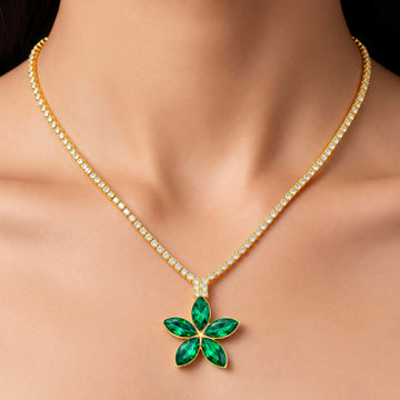 PRAO Necklace Anti-Tarnish Emerald Flower Pendant