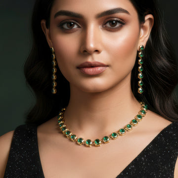 PRAO Anti-Tarnish Gold Plated Emerald Green Crystals Necklace Set With Earrings