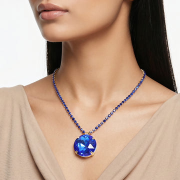 PRAO Necklace Anti-Tarnish Oversized Round Royal Blue Crystal Pendant