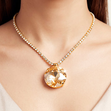 PRAO Necklace Anti-Tarnish Oversized Round Champagne Crystal Pendant