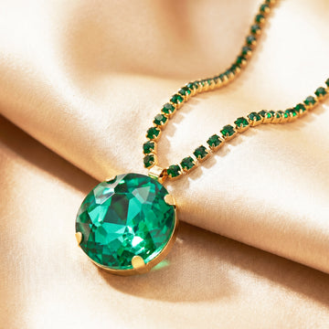 PRAO Necklace Anti-Tarnish Oversized Round Emerald Crystal Pendant