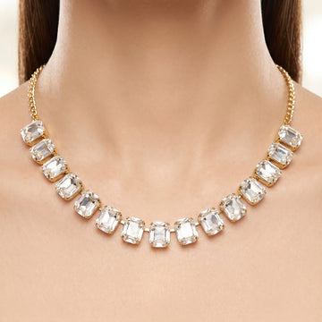 PRAO Necklace Anti-Tarnish White Emerald-Cut Crystal Single-Line