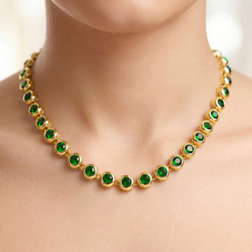 PRAO Necklace Anti-Tarnish Studded Single-Line With Emerald Crystals