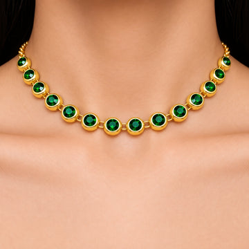 PRAO Necklace Anti-Tarnish Studded Single-Line With Emerald Crystals