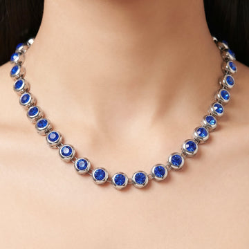 PRAO Necklace Anti-Tarnish Studded Single-Line With Blue Sapphire Crystals