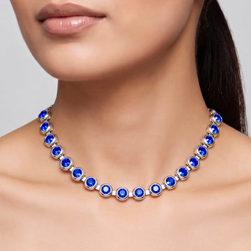 PRAO Necklace Anti-Tarnish Studded Single-Line With Blue Sapphire Crystals