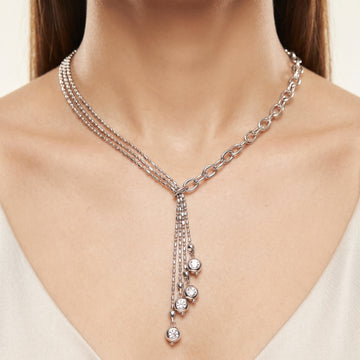 PRAO Necklace Anti-Tarnish Silver Capsule Chain Y-Shape With Crystal Highlights