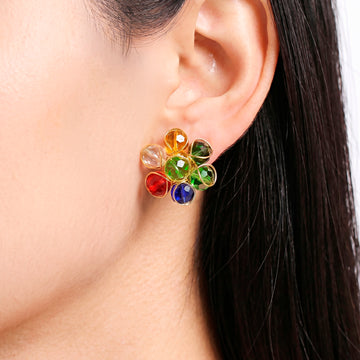 PRAO Earrings Anti-Tarnish Multi-Color Crystal Flower Studs