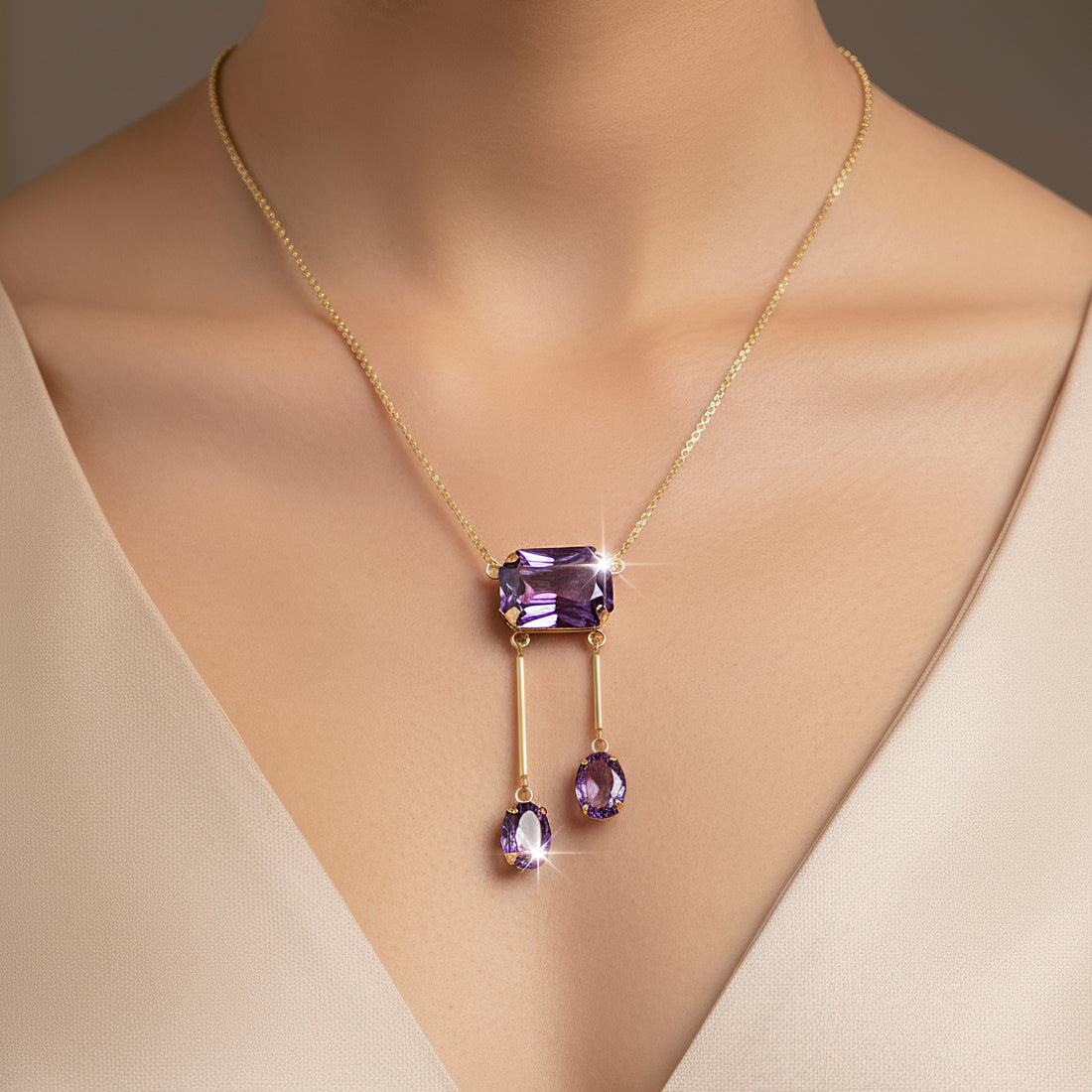 PRAO Anti-Tarnish Rectangle Crystal Lariat Necklace Set With Earrings
