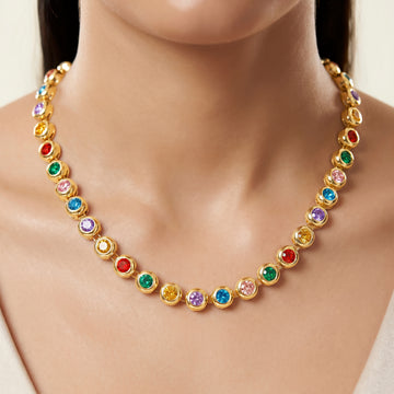 PRAO Necklace Anti-Tarnish Studded Single-Line With Multicolor Crystals