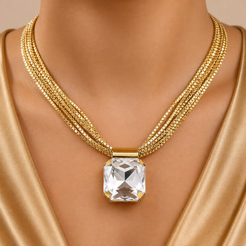 PRAO Necklace Anti-Tarnish Gold Plated Statement Crystal Set with Earrings