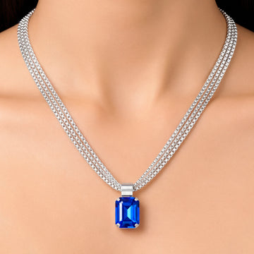 PRAO Necklace Anti-Tarnish Silver-Tone Blue Sapphire Crystal Box Chain