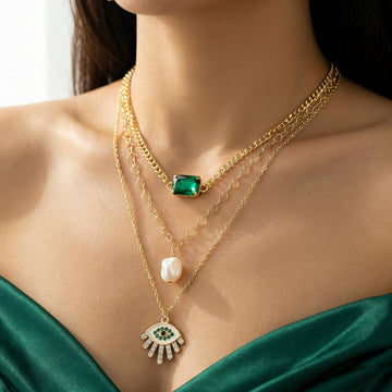 PRAO Necklace Anti-Tarnish Triple-Layer With Crystal, Faux Pearl And Evil Eye Pendants