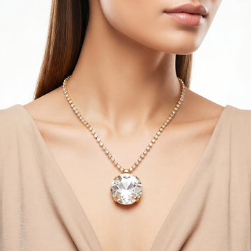 PRAO Necklace Anti-Tarnish Oversized Round Crystal White Pendant