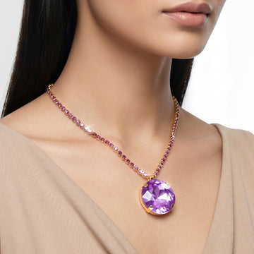 PRAO Necklace Anti-Tarnish Oversized Round Purple Crystal Pendant