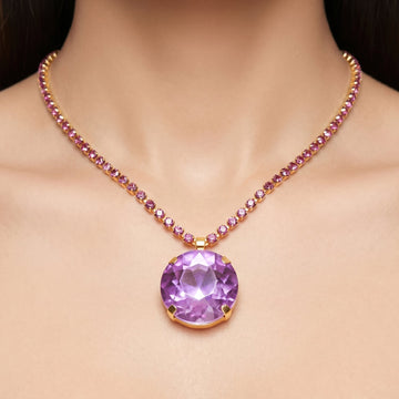 PRAO Necklace Anti-Tarnish Oversized Round Purple Crystal Pendant