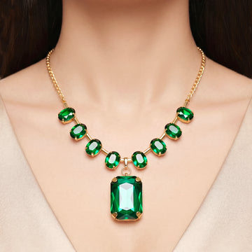 PRAO Necklace Anti-Tarnish Spacer Oval Emerald Crystal With Rectangle Pendant
