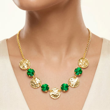 PRAO Necklace Anti-Tarnish Hammered Coin Statement With Emerald Crystal