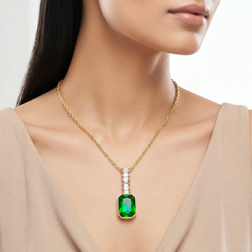 PRAO Necklace Anti-Tarnish Baguette Chain & Emerald Crystal Pendant