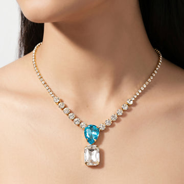 PRAO Necklace Anti-Tarnish Aquamarine Crystal Statement