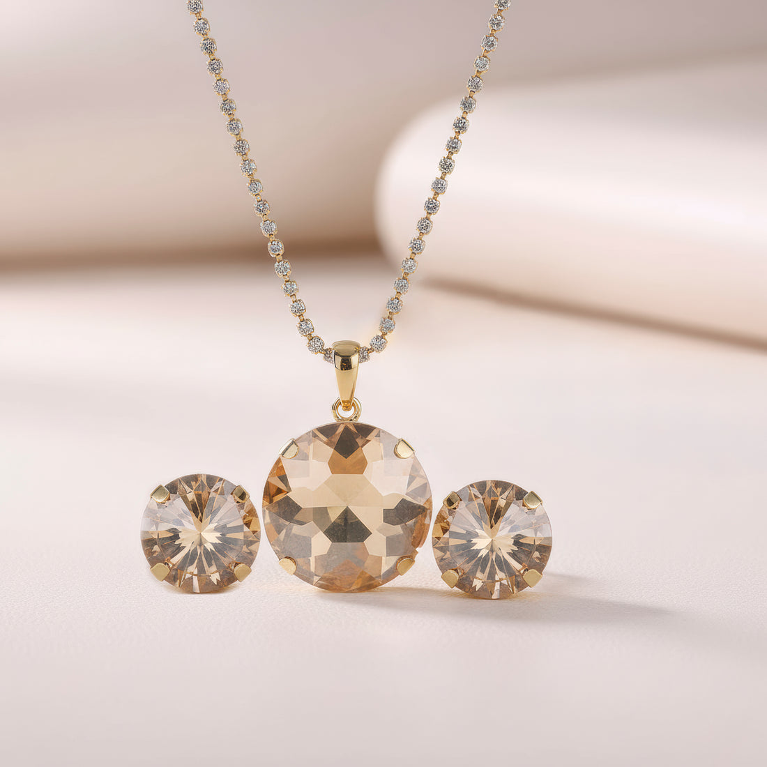 PRAO Anti-Tarnish Round Crystal Pendant Necklace Set with Earrings