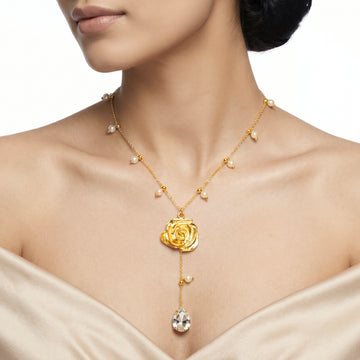 PRAO Necklace Anti-Tarnish Rose Lariat With Pearls And Teardrop Crystal