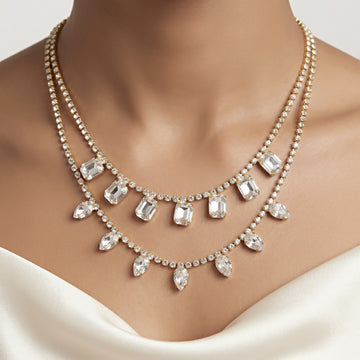 PRAO Necklace Anti-Tarnish Double-Layer Rectangle And Drop Crystal Charm