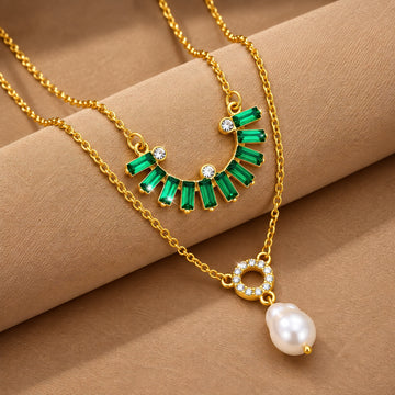 PRAO Necklace Anti-Tarnish Layered Baguette Crystal Pearl