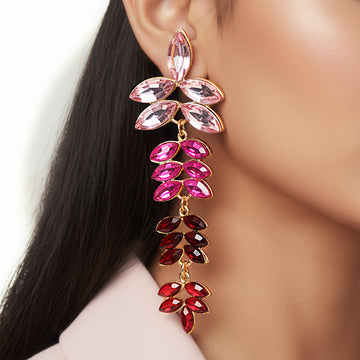 PRAO Earrings Anti-Tarnish Leafy Long Multicoloured Lightweight Crystal Danglers