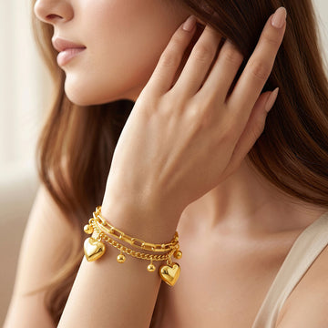 PRAO Bracelet Anti-Tarnish Gold Plated Layered Heart Charms (Adjustable Size)