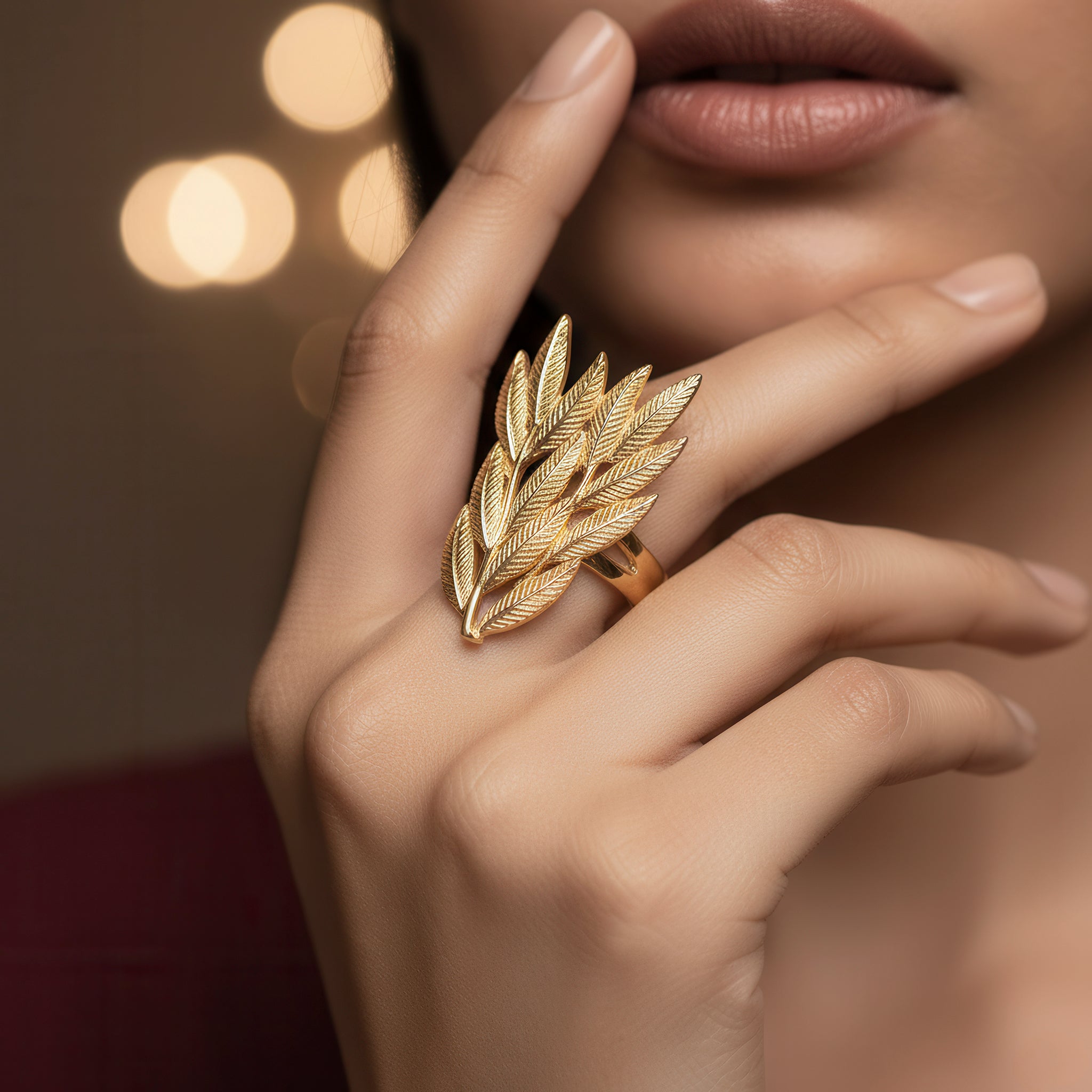 PRAO Anti-Tarnish Golden Leaves Cocktail Ring (Adjustable Size)