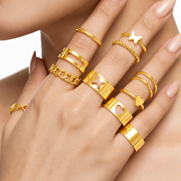 PRAO Ring Anti-Tarnish 12 Piece Butterfly Heart Stackable Set (Adjustable Size)