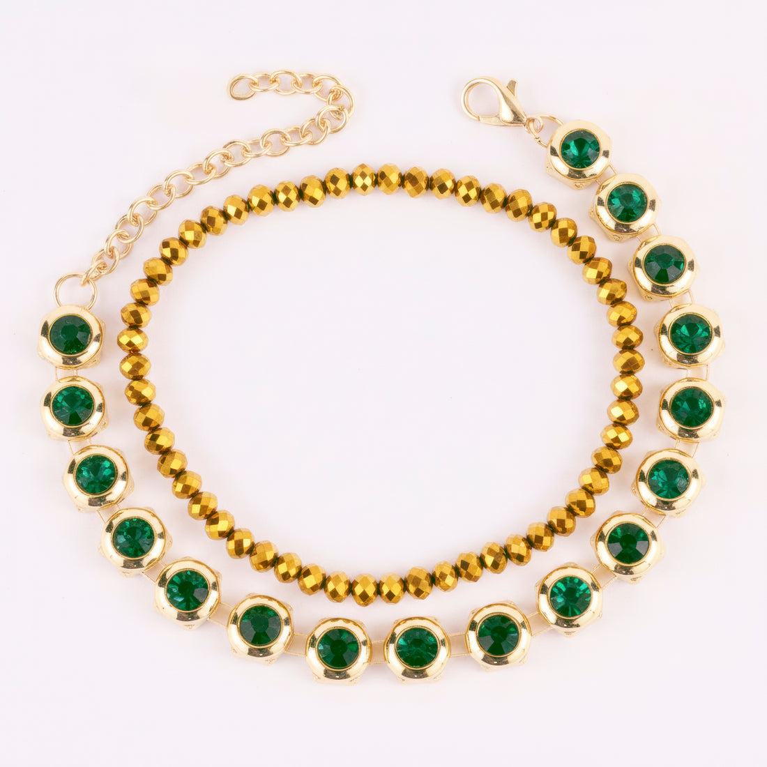 PRAO Anti-Tarnish Pack of 2 Gold Crystal & Emerald Bracelets