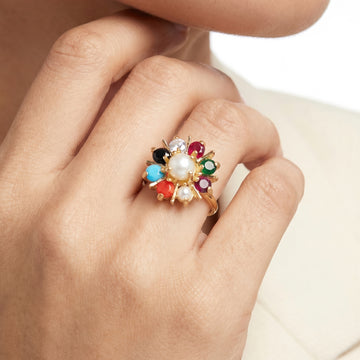 PRAO Ring Anti-Tarnish Multicolor Floral Pearl (Adjustable Size)