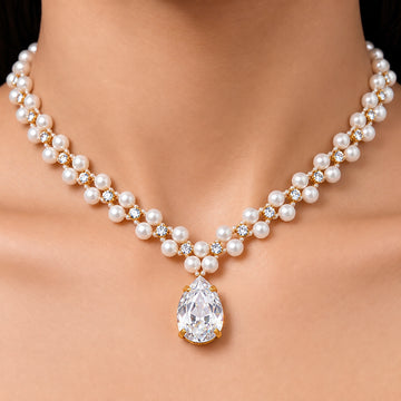 PRAO Necklace Anti-Tarnish Woven Crystal Pearl Teardrop Pendant