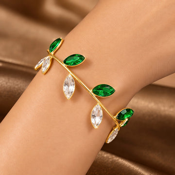 PRAO Bracelet Anti-Tarnish Emerald Crystal Leafy Bangle (Adjustable Size)
