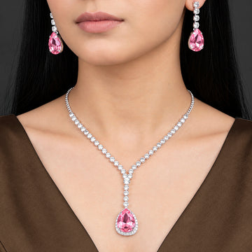 PRAO Necklace Anti-Tarnish Vintage Rose Teardrop Crystal Set With Earrings