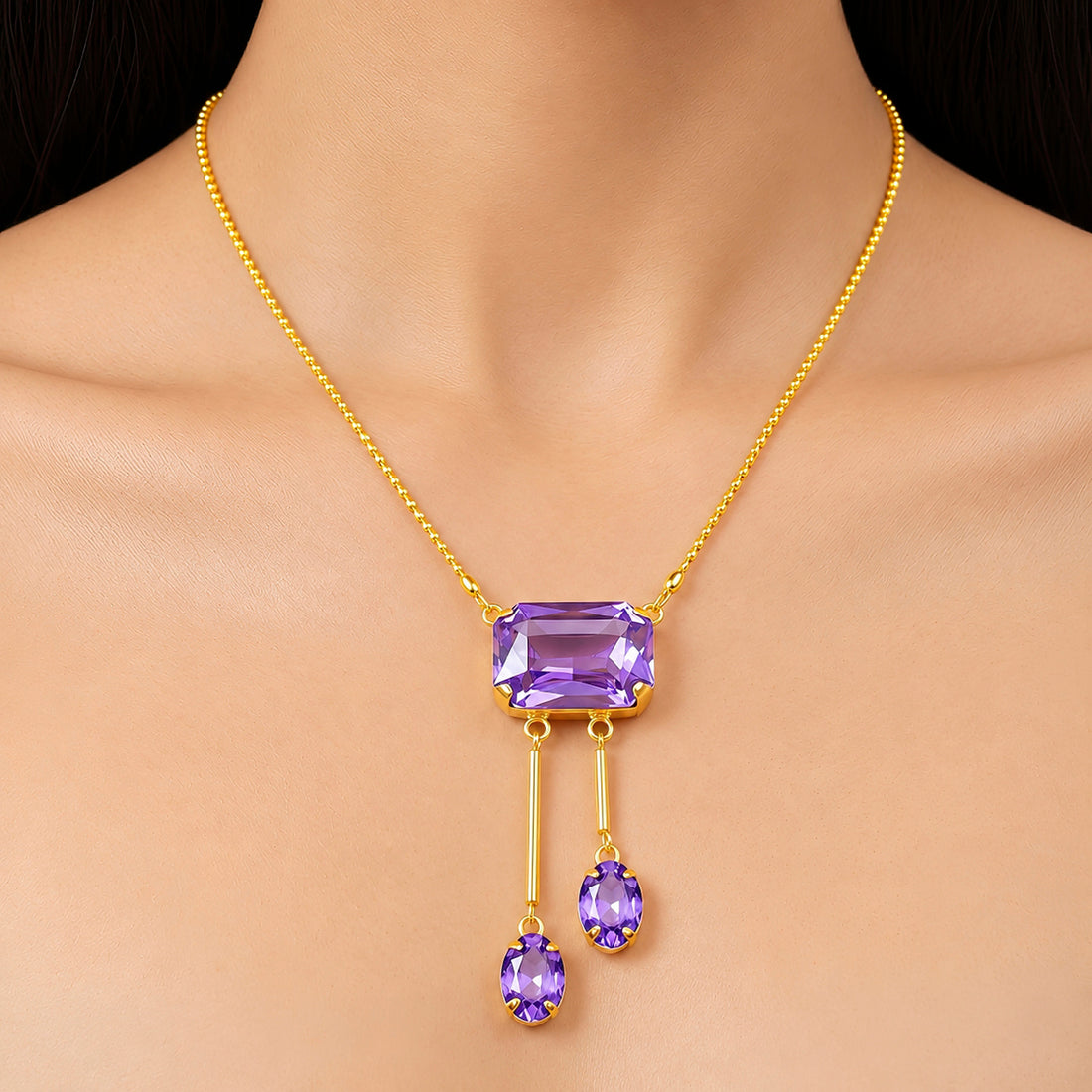 PRAO Necklace Anti-Tarnish Purple Crystals