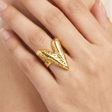 PRAO Ring Anti-Tarnish Hammered V-Shaped Statement (Adjustable Size)
