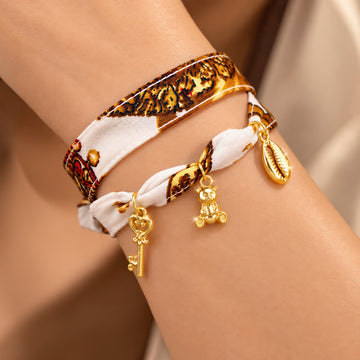 PRAO Necklace Silky Print Satin Choker With Gold Charms