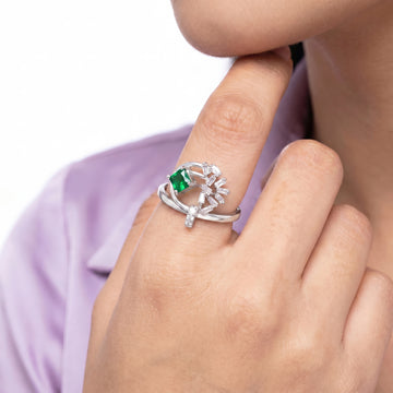PRAO Ring Anti-Tarnish Leafy Emerald Bypass (Adjustable Size)