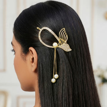 PRAO Hair Claw Clip Anti-Tarnish Fish Tail Rhinestone With Faux Pearl