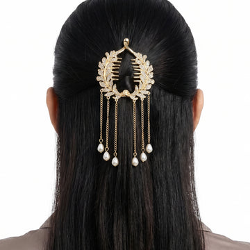 Prao Hair Claw Clip Anti-Tarnish Laurel Wreath With Rhinestones And Pearl Drops