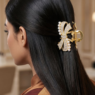 PRAO Hair Claw Clip Anti-Tarnish Bow Rhinestone And Pearl