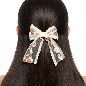 PRAO Hair Clip Anti-Tarnish Cream Lace Bow With Floral Embroidery
