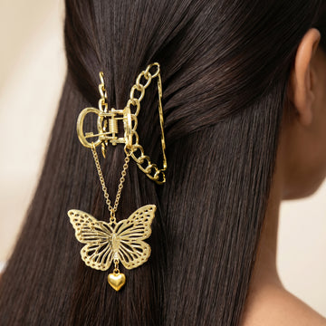 PRAO Hair Claw Clip Anti-Tarnish Butterfly Chain-Link With Heart Pendant